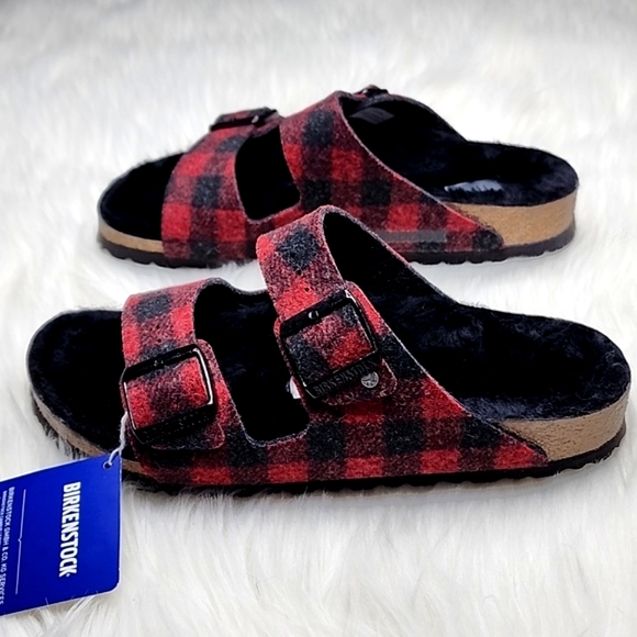Birkenstock Arizona Wool Shearling Sandal Plaid Red - Picture 15 of 17